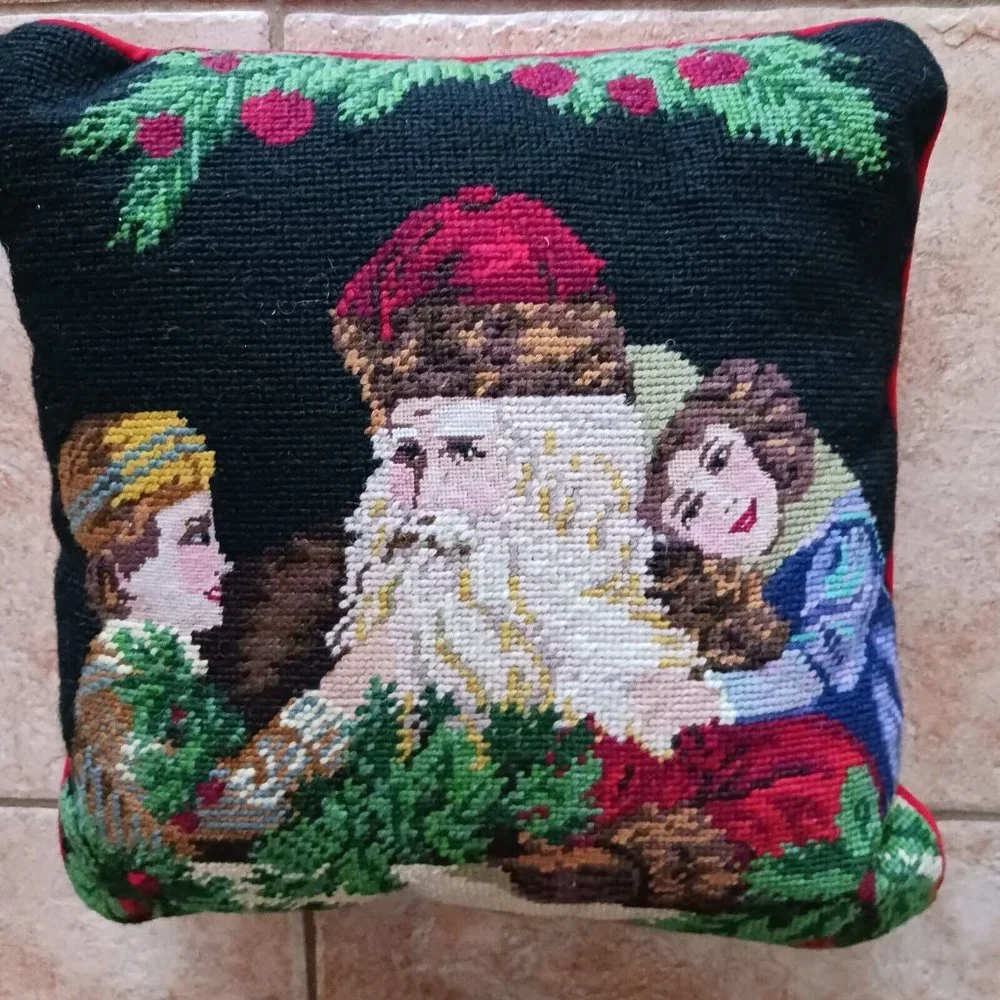 Vintage Santa Children Petit Needlepoint Pillow 13 x‎ 13 Holly